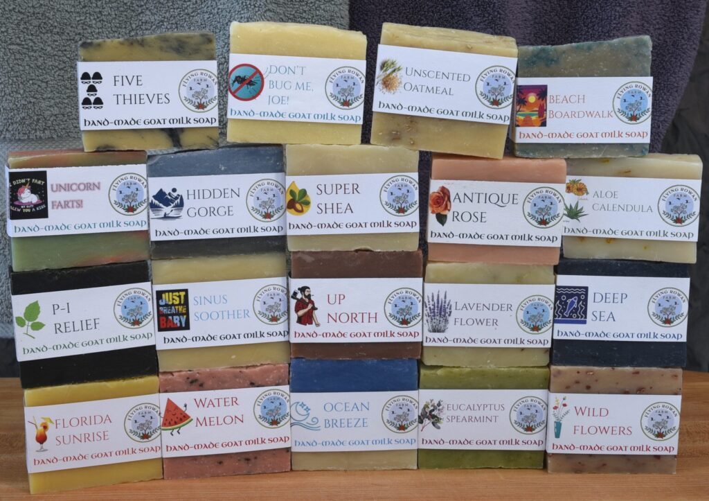 Display of many of our Handmade Goatsmilk Soaps